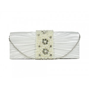 Evening Bag - 12 PCS - Satin w/ Pleated & Beaded Flap - White - BG-100274W